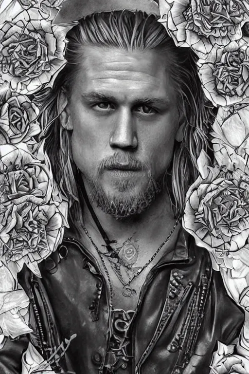 Image similar to Photorealistic half body Portrait of Jax Teller as a very attractive muscular biker, all his skin covered by flowers, elvish symbols and and dark grim themed tattoos. surrounded by magic lightings overlays, Intricate, concept art, magic lighting overlays, magical portal opened, D&D!, fantasy style, sharp focus!, ultra detailed, art by Artgerm and Peter Andrew Jones, WLUP, Magali Villeneuve