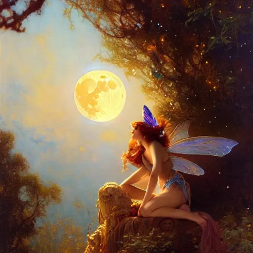 Image similar to attractive fairy magically floating high in the night, fantasy, full moon in background. highly detailed painting by gaston bussiere, craig mullins, j. c. leyendecker, mid shot, 8 k