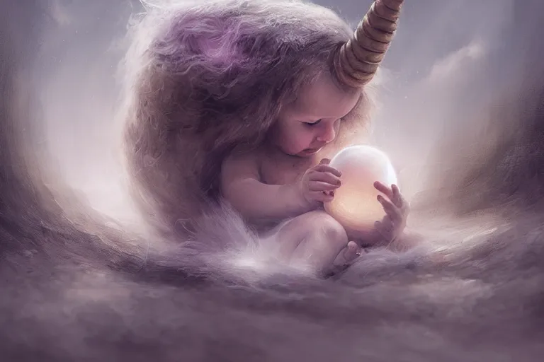 Image similar to a baby unicorn hatching out of a egg, matte painting, concept art, digital art, trending on artstation, 4 k, extremely detailed, realistic, fantasy art,