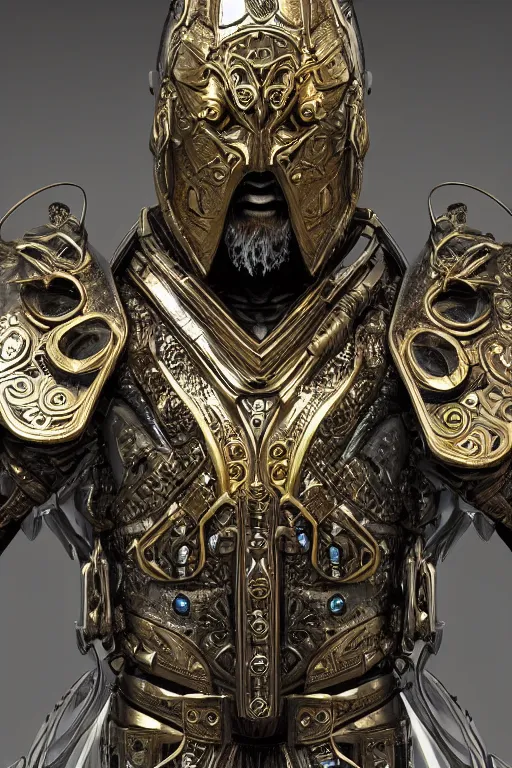 Image similar to hyper realistic glorious ancient celtic god in a obsidian metal armor, futuristic design, designed by makoto kobayashi and luca zampriolo, portrait, cyberpunk style, wood and gold details, intricate, extremely detailed, ornate, deep of field, hard surface, exoskeleton, substance designer metal