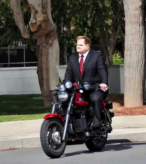 Image similar to Andy Richter is dressed in a black suit and a red necktie and riding a motorcycle into a studio lot. The studio lot is filled with Soundstages and movie trailers. It is a bright afternoon and overcast.