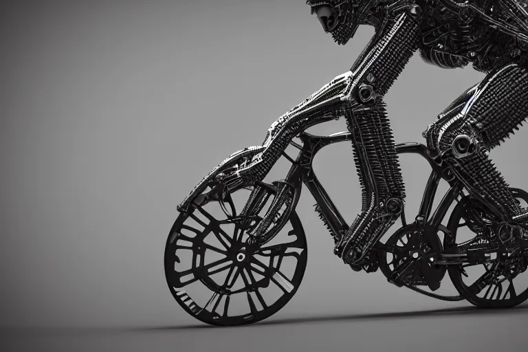 Image similar to man made of bikes, more bike than man, shiney wheels, chrome body, built for speed, 3 5 mm close up photo, in the style of hans ruedi giger, 8 k, octane render, magnificent