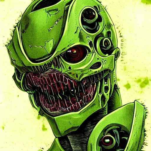 Image similar to pixiv, gruesome, sci - fi, polychaeta, undead cyborg head, doom, newt, yellow, green