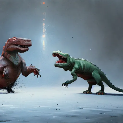 Prompt: t - rex chasing a small rat in team fortress 2 style, detailed painting, by jakub rozalski