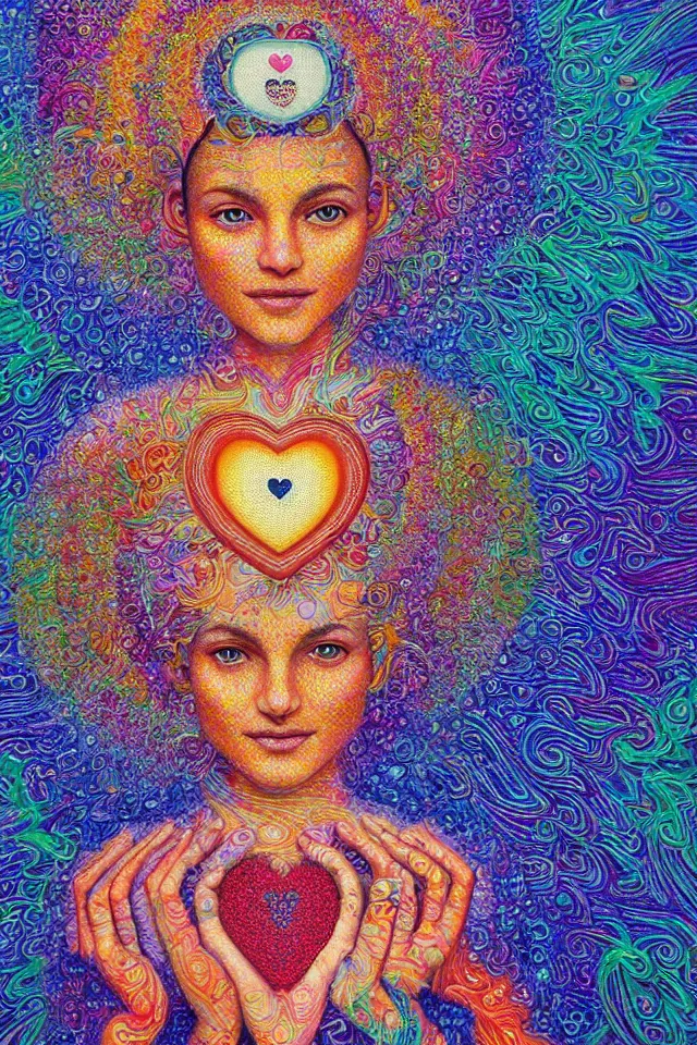 Image similar to a happy beautiful wise spirit goddess in the shape of a heart, meditation, 3 2 k resolution, good vibes, perfect lighting, billions of details, made out of small cubes of love, pointillism, fabric embroidery, stunning artwork, android jones, chris dyer, alex grey, trending on artstation, award winner