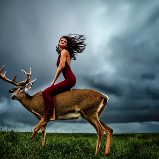 Prompt: 4 k hdr wide angle detailed portrait of a beautiful instagram model woman riding on top of a wild buck deer in a rain shower during a storm with thunder clouds overhead and moody stormy lighting sony a 7