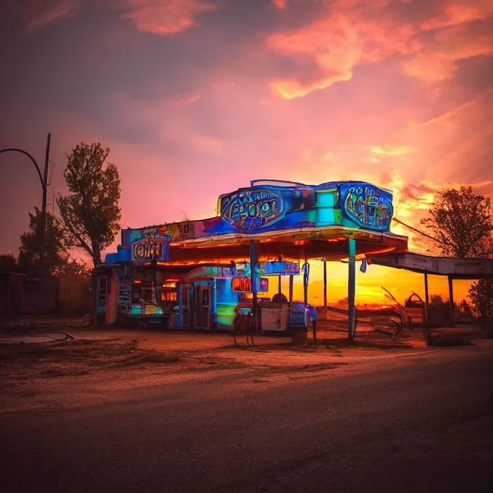 Image similar to a sunset light landscape with historical route 6 6, lots of sparkling details and sun ray ’ s, blinding backlight, smoke, volumetric lighting, colorful, octane, 3 5 mm, abandoned gas station, old rusty pickup - truck, beautiful epic colored reflections, very colorful heavenly, softlight