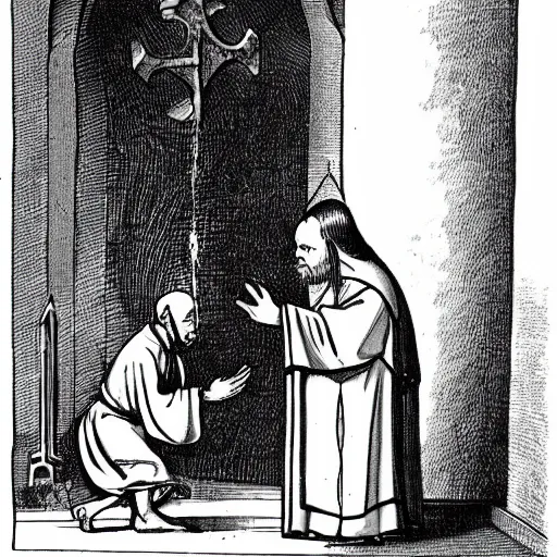 Image similar to catholic priest baptizing a scary goblin in a church