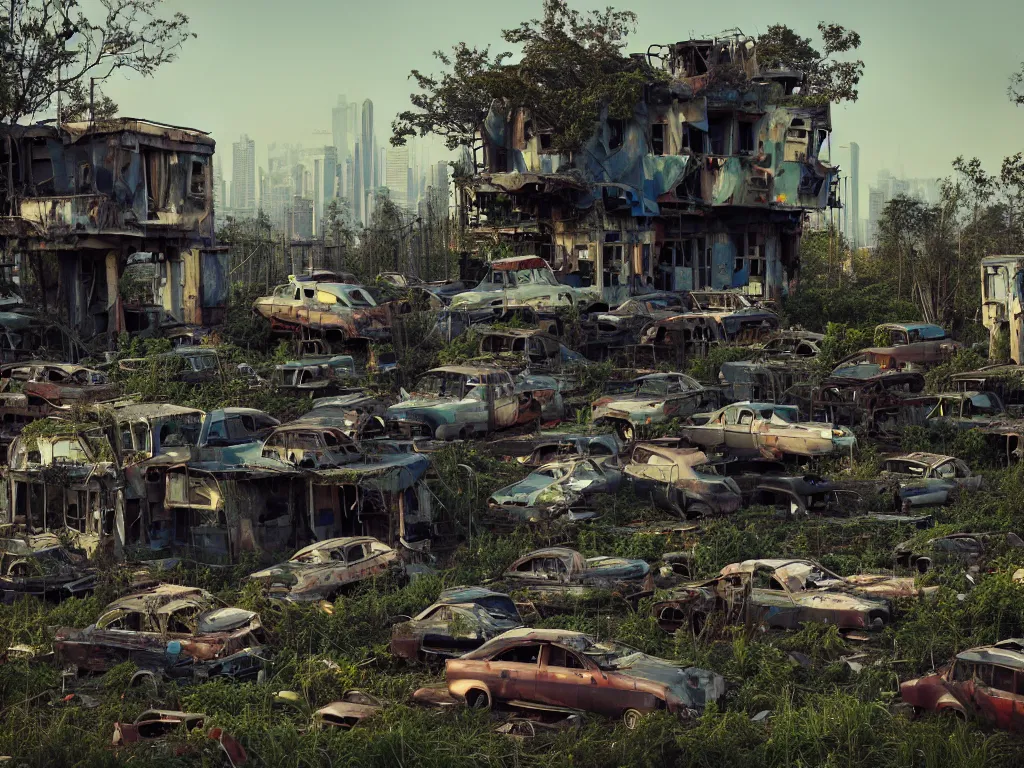 Prompt: beautiful house made from junkyard scrap parts, in an abandoned car lot overgrown, junk architectural, futuresynth, scrapyard architecture, blender, morning, ruined city in the background, trending on artstation, by gal barkin