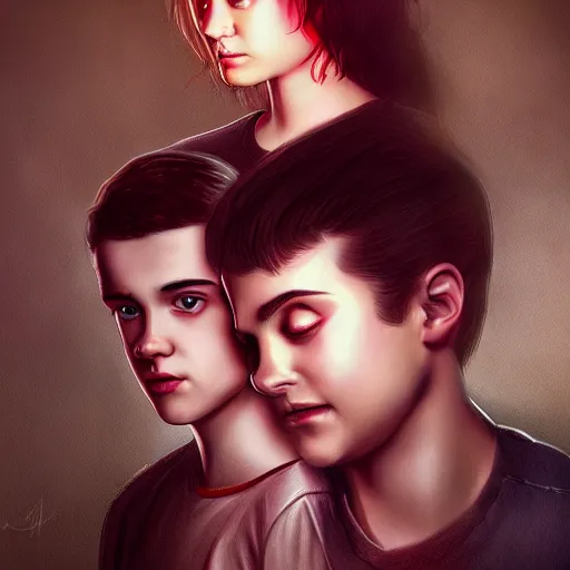 Image similar to Twilight version of Stranger Things, Portrait of Edward and Bella, photorealistic, dramatic lighting, soft, sharp focus, highly detailed, digital painting