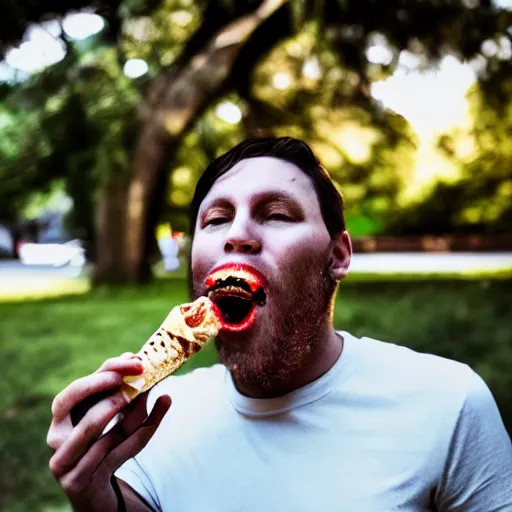 Prompt: portrait of a xenomorph eating ice cream on a hot sunny day, photography