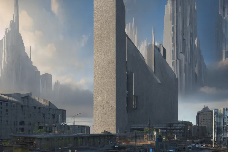 Image similar to streetscape, a towering cathedral of brutalist architecture, buildings covered with greebles, stunning volumetric light, sunset, metal, concrete and translucent material, stunning skies, majestic landscape, trending on Artstation, 8k, photorealistic, hyper detailed, unreal engine 5, IMAX quality, cinematic, epic lighting, in the style of Greg Rutkowski