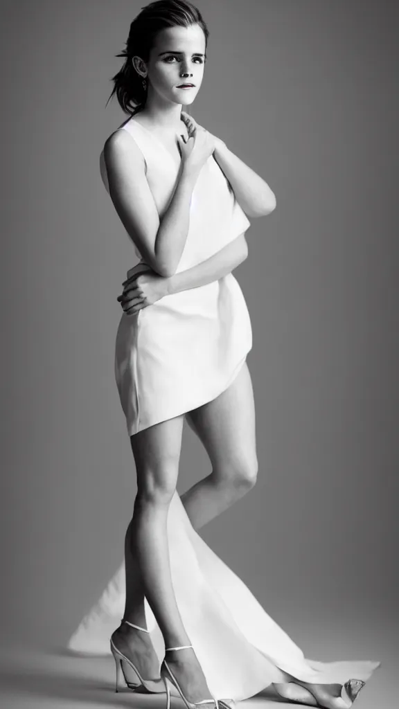 Prompt: an extremely beautiful studio photo of emma watson wearing heels and a white dress, in a white room, pale skin, bokeh, very very very very beautiful!!, hard focus, full body shot, 9 0 mm, f / 1. 4