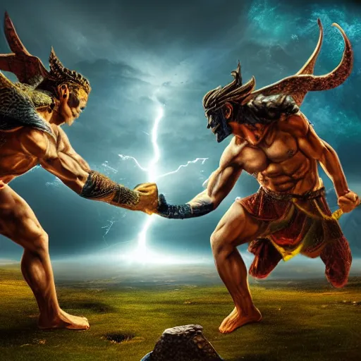 Image similar to the battle of the gods in heaven at night, two gods, dark fantasy, 8 k resolution