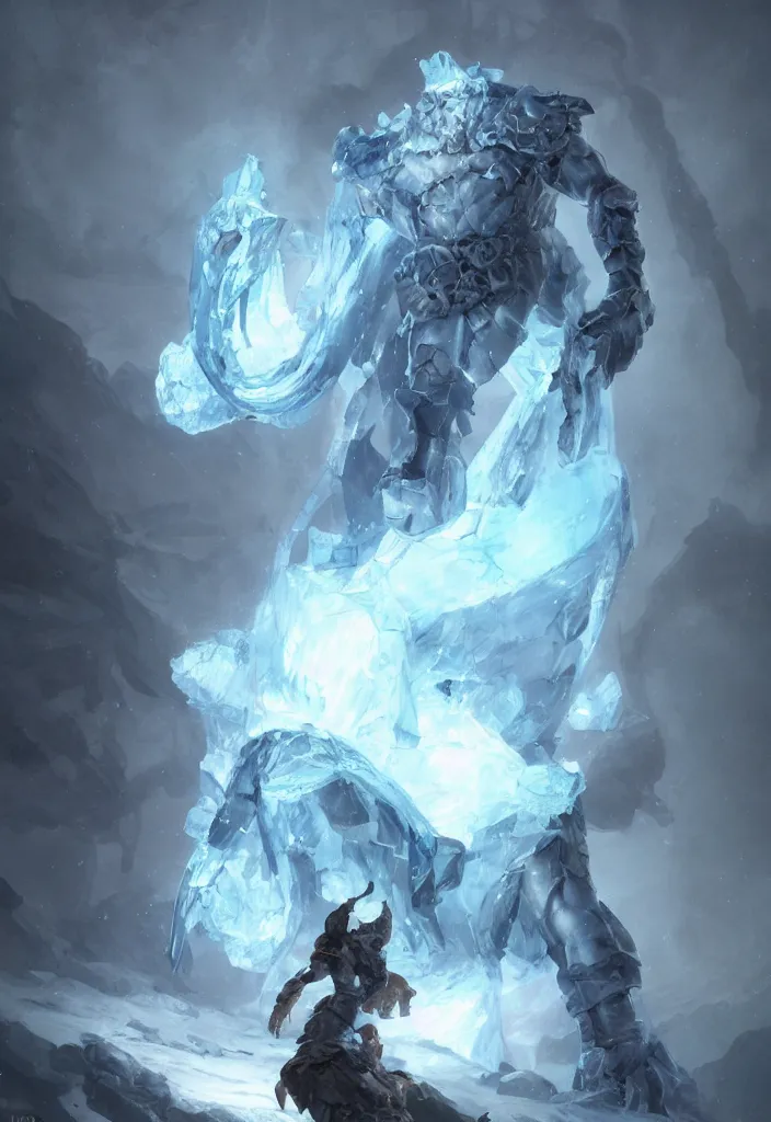 Image similar to an ice giant made of ice and crystal from dungeon and dragons character, armor made of ice, muscles, concept art in style of Greg Rutkowski, ultracrisp, high contrast lighting, John Singer Sargant, ilya kuvshinov, painted by Frank Frazetta, trending on artstation!!