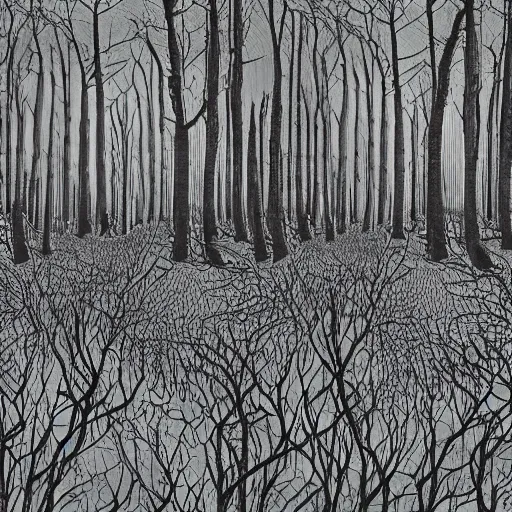 Prompt: endless forest of trees, highly detailed, ominous, vast