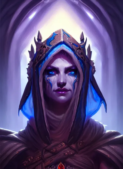 Image similar to portrait of sylvanas windrunner, catacombs, altar of the dead, souls of the dead, intricate, elegant, glowing blue lights, highly detailed, digital painting, artstation, concept art, smooth, sharp focus, illustration, art by wlop, mars ravelo and greg rutkowski