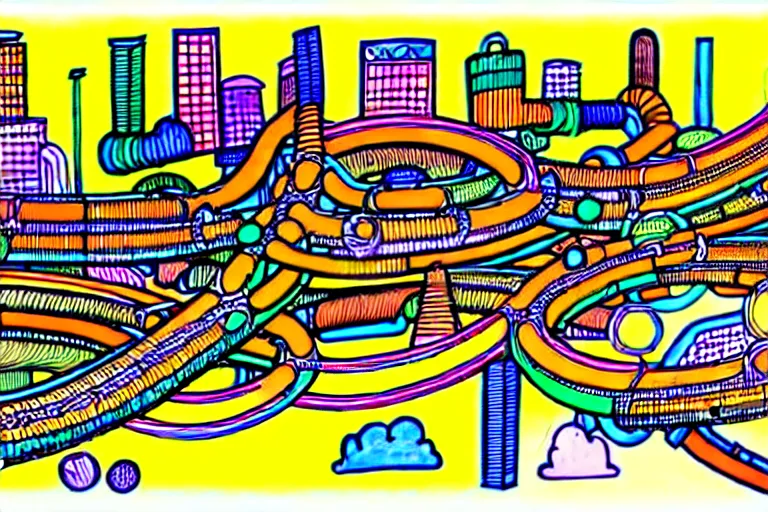 Image similar to an elaborate penned child illustration of a colorful intricate connected city of tubes and pipes, by martin handford and by jan van haasteren