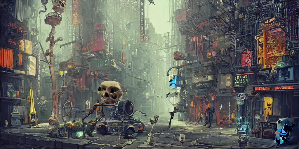 Prompt: gin and tonic being drunk by a skull in New York with an endless alleyway in the style of Beeple Tron Americana Shaun tan