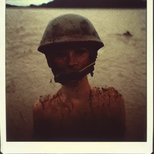 Image similar to film still, close up, emma watson rising out of muddy vietnam river, face covered in mud, combat helmet, low camera angle at water level, night time, film still from apocalypse now ( 1 9 7 9 ), 2 6 mm polaroid polaroid polaroid polaroid polaroid expired expired expired,