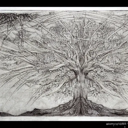 Image similar to leonardo da vinci color intricate full page scan artistic drawing of the world tree, on paper, black ball pen style, :: ultra-detailed technical precision :: mixed media with white and silver lines, realistic composition, point of interest at golden ratio, light from right, more darkness on the bottom, monumentally art composition, high quality of sketching with subtle hairlines, highly detailed rounded forms, inside out and outside in, octane render