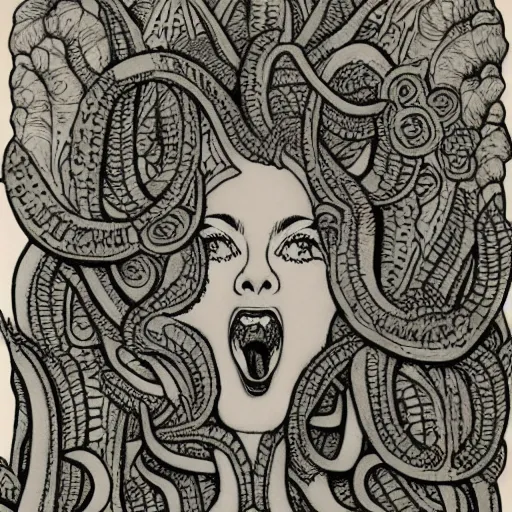 Image similar to detailed, portrait of medusa, screaming, surrounded by lotus flowers and geometry