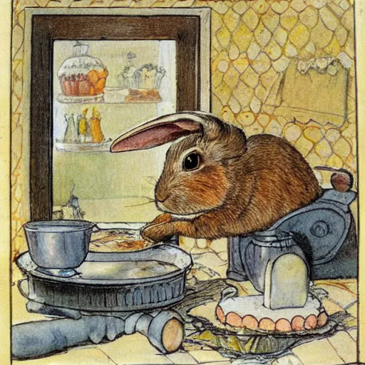 Image similar to a rabbit baking a cake, in the style of Carl Larsson