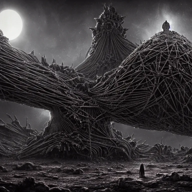 Prompt: ribbed surreal giant abandoned alien structure, spaceship on exoplanet, covered in with spikes, in a desolate empty wasteland, creepy, nightmare, dream-like heavy atmosphere, surreal abandoned buildings, beautiful detailed intricate insanely detailed octane render trending on Artstation, 8K artistic photography, photorealistic, chiaroscuro, Raphael, Caravaggio, Beksinski, Giger