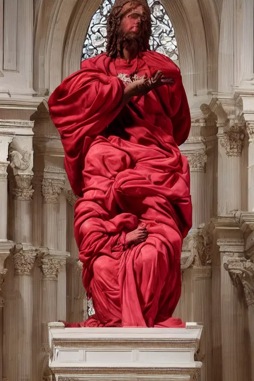 Image similar to a dramatic view of the sacrifice of the priest statue dressed with soft red silk fabric made in heavy marble, with few ornaments in shiny polished stone, sculpted by hedi xandt and antonio corradini