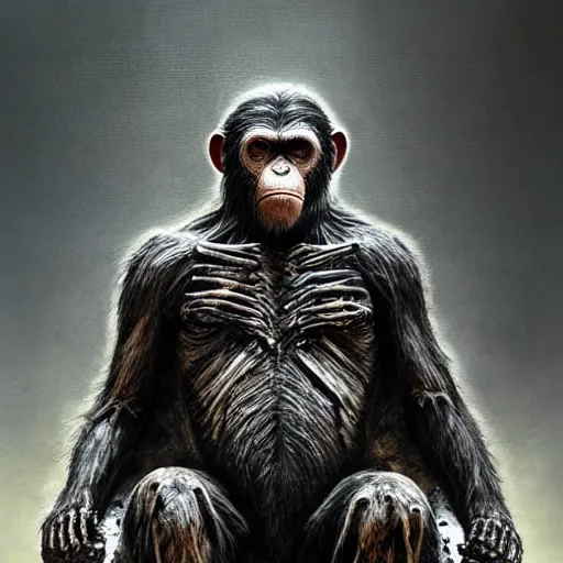 Prompt: koba from planet of the apes covered in scars and biomechanical upgrades sitting on a throne of human bones, hero character art, by chris leib and greg rutkowski and h.r. giger in a surreal portrait, oil on canvas, volumetric lighting, 8k, hd.