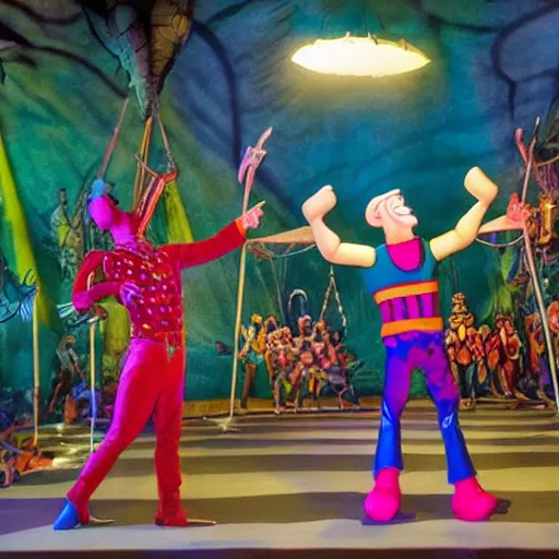 Image similar to claymation style circus, human performers on right, giant insects in audience on left, hyper detailed, dramatic lighting, by Nick Park and Peter Lord