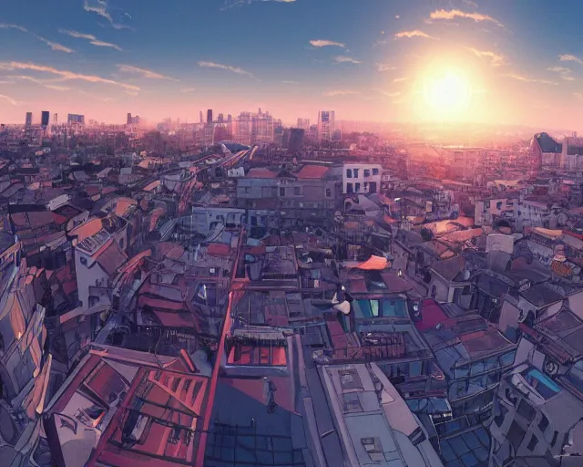 Image similar to teen standing on the roof of a building, sunset, bird eye view, fisheye view, illustration, by pine ( ハイネ ) and 薯 子 imoko and 香 川 悠 作 and wlop and maya takamura, highly detailed, trending artstation, pixiv, digital art