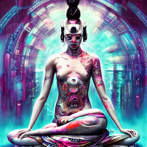 Prompt: cyberpunk geisha, in a lotus position, meditating, 8 k, by tristan eaton, stanley artgermm, tom bagshaw, greg rutkowski, carne griffiths, ayami kojima, beksinski, giger, trending on deviantart, hyper detailed, cybernetic, full of colour, brain