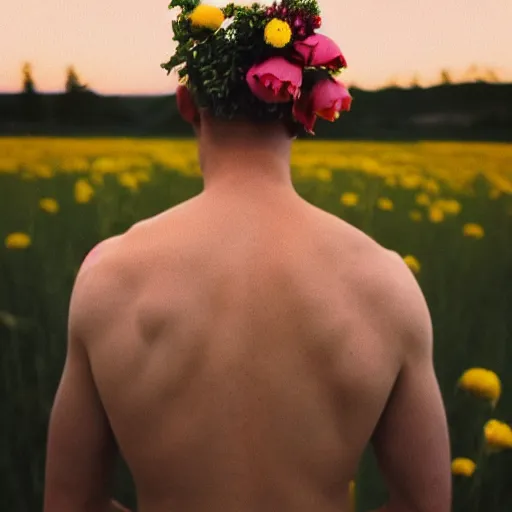 Image similar to kodak portra 4 0 0 photograph of a skinny blonde guy standing in field on fire, back view, flower crown, moody lighting, telephoto, 9 0 s vibe, blurry background, vaporwave colors, faded!,