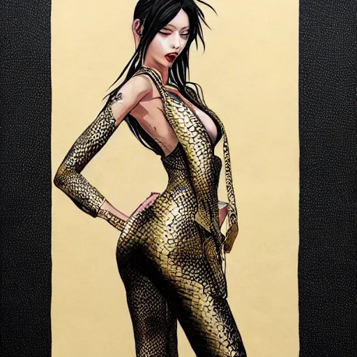 Image similar to yakuza slim girl, gold suit jacket in snake print, jacket over bare torso, yakuza tattoo on body, black short curtain haircut, black leather pants with black belt, elegant, 2d, ultra highly detailed, digital painting, smooth, sharp focus, artstation, art by Ilya Kuvshinov