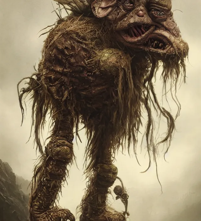 Image similar to hyper realistic portrait of postapocalyptic muppet show monster goblin, cinematic, symmetric, dark crystal, artstation, cgsociety, alan lee, jean baptiste monge, scott radke