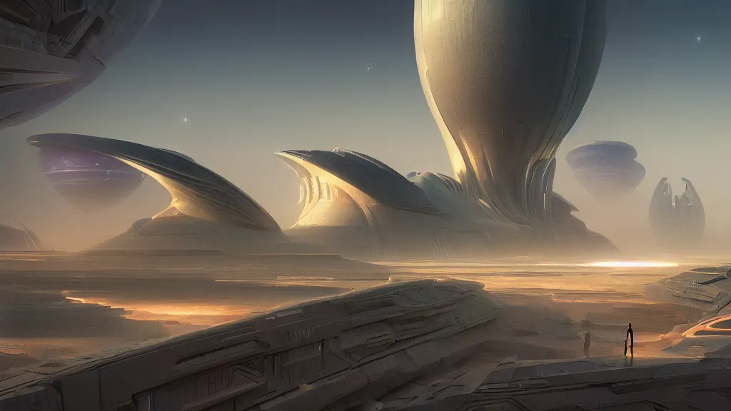 Image similar to digital render space science fiction digital matte painting bruce pennington, zaha hadid, beeple, john schoenher