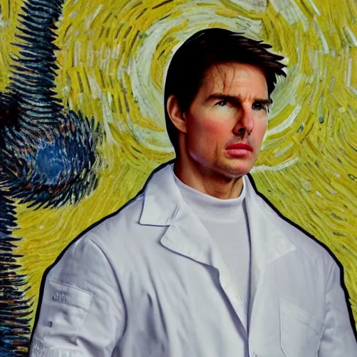 Image similar to Tom Cruise in white lab coat by Van Gogh