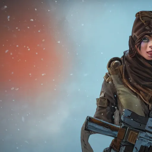 Image similar to A comic book style portrait painting of a female ranger in a a post apocalyptic winter landscape, unreal 5, DAZ, hyperrealistic, octane render, RPG portrait, ambient light, dynamic lighting
