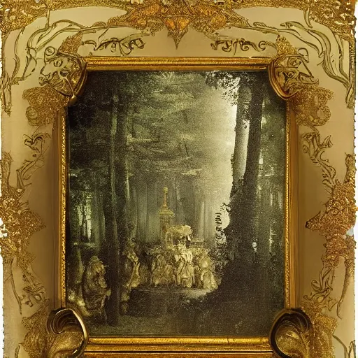 Prompt: a beautiful ivory and gold filigree forest, daguerreotype by pontormo, by gustave moreau, by Bosch, art noveau, highly detailed, strong lights, liminal, eerie, Bright pastel colors