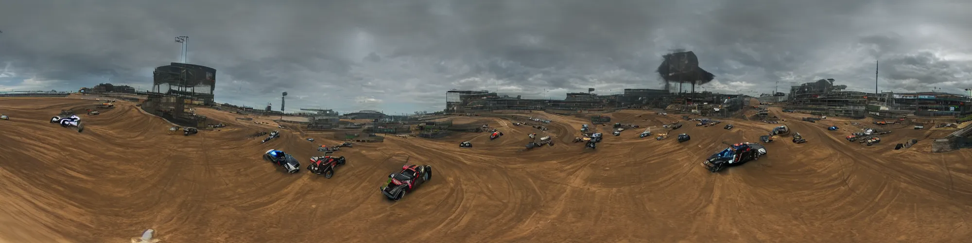 Prompt: panorama view of a race track in Motorstorm game, no vehicles, 360*