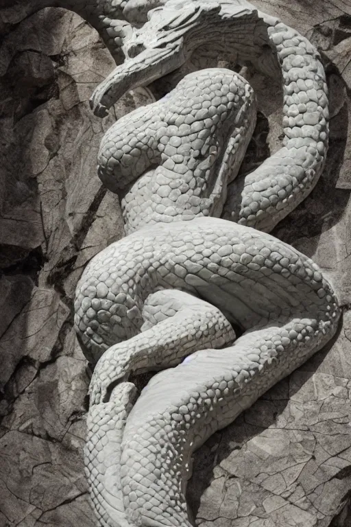 Image similar to epic and dramatic view of quetzalcoatl statue made in albeta marble showing cracks in his full body, realistic and ultra detailed, 8 k