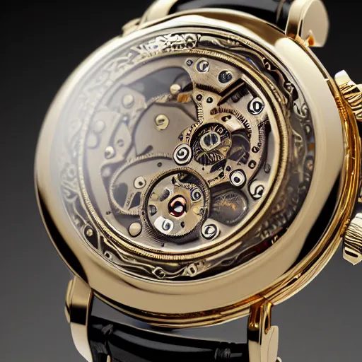 Image similar to a steampunk watch in polished gold and silver showing the detailed workings by Patek Philipp, macro photography, F/2.8, trending on artstation, octane render