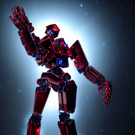Image similar to a shiny ornate boxing red humanoid mecha in galaxy, epic pose, bright, by war robots, real steel ( 2 0 1 1 ), westworld and eve venture and pacific rim and machine warrior 5, cryengine, frostbite 3 engine, sharp focus, 8 k, high definition, insanely detailed, beautiful lighting,