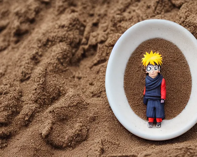 Image similar to 8 5 mm food photography of naruto made of sand near a garden with dof and bokeh and flowers o