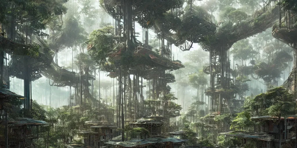 Prompt: a vast treehouse city built in an ancient forest, greg rutkowski, 8 k, shallow depth of field, intricate detail, concept art,