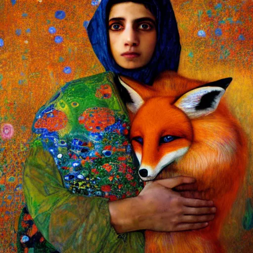 Prompt: painting of vivid colors iraqi boy child with a pet large fox gustav klimt wallpaper by android jones detailed matte painting 8 k