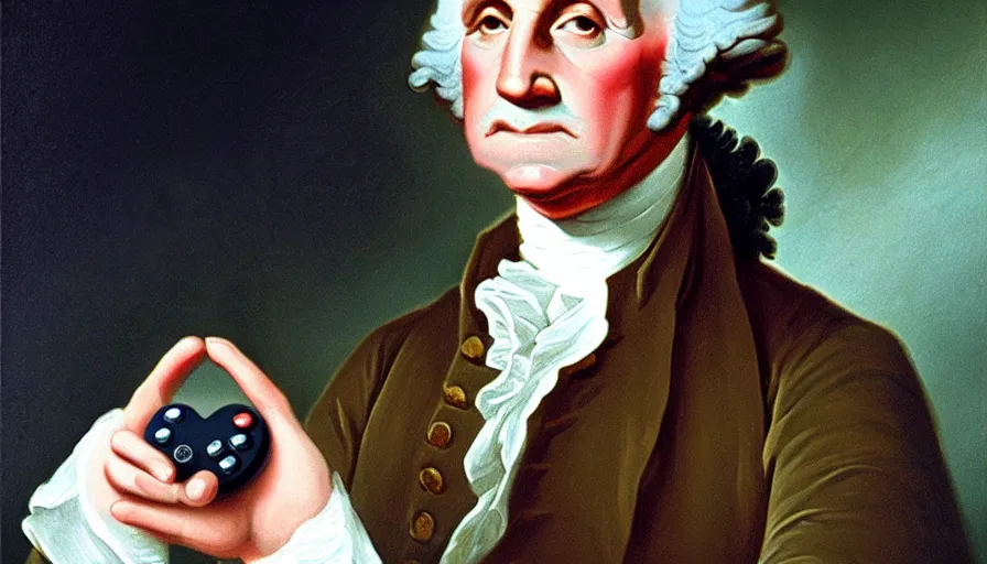 Image similar to george washington holding playstation controller! in the style of an oil painting, historical, highly detailed