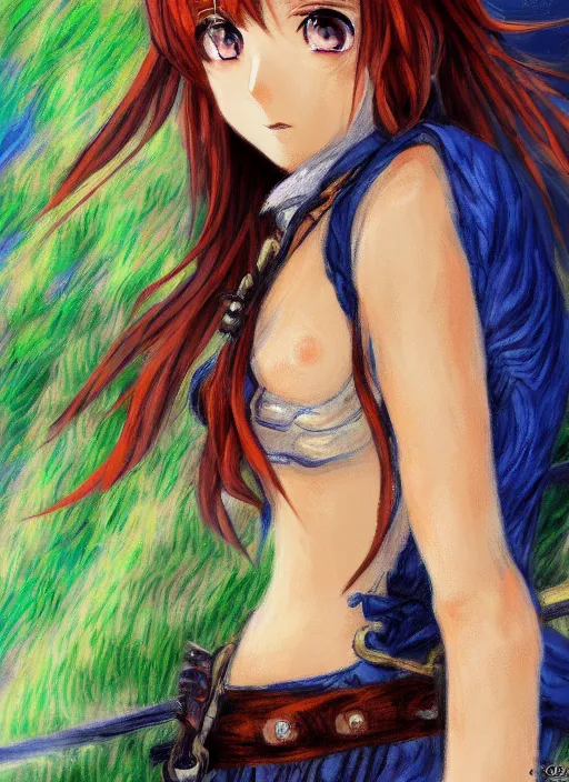 Image similar to a portrait of a female pirate, very anime in impressionist style, anime trending artwork, 4 k, anime painter studio, by claude monet