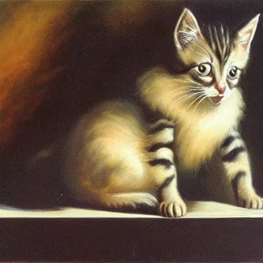 Image similar to an oil painting of a kitten by salvador dali